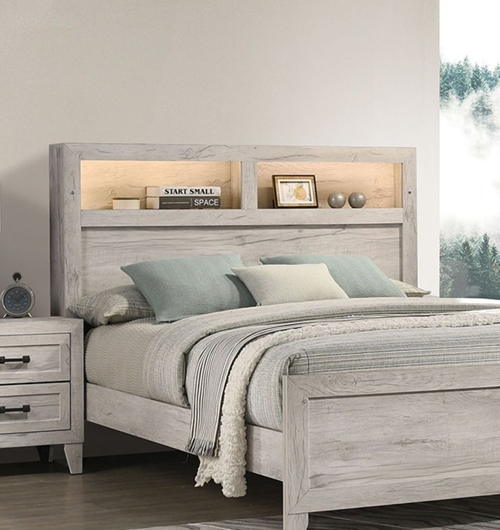 Buy farmhouse furniture 1pc King Size Farmhouse Bed w Headboard Shelves and Light White Wash Contemporary Furniture - Modern Cottage Farmhouse Furniture