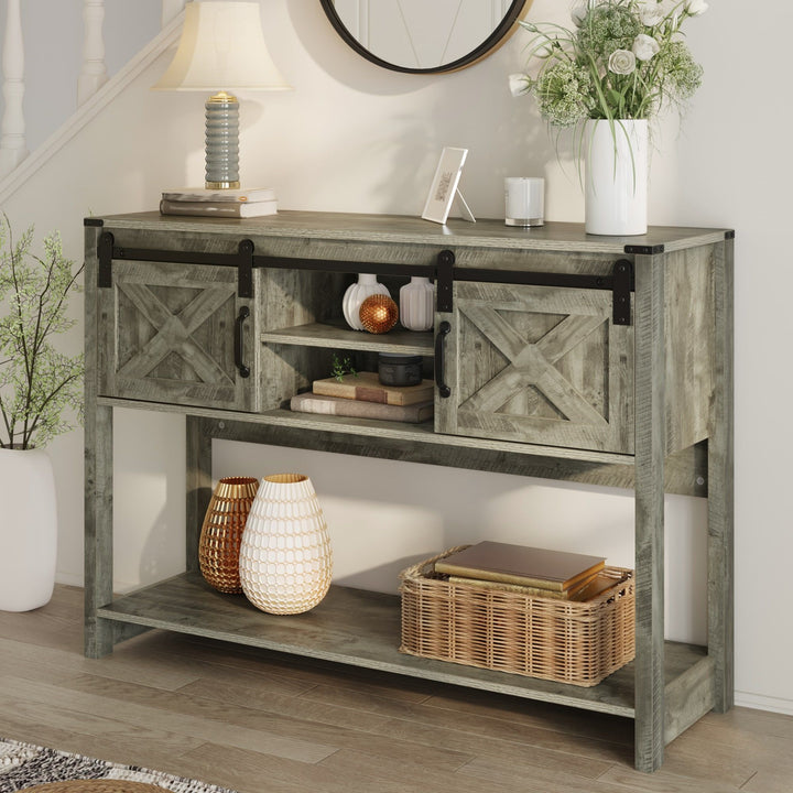 Buy farmhouse furniture Farmhouse Entryway Table with Drawers, 46" Console Table with Sliding Barn Door, Wood Rustic Sofa Table with Adjustable Shelf for Living Room, Foyer, Hallway, White and Rustic Oak - Modern Cottage Farmhouse Furniture