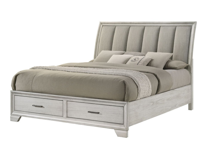 Buy farmhouse furniture Elegant Queen Farmhouse Platform Bed with Ultra-plush Headboard and Two Spacious Footboard Drawers - Solid Wood in White Mist - Modern Cottage Farmhouse Furniture
