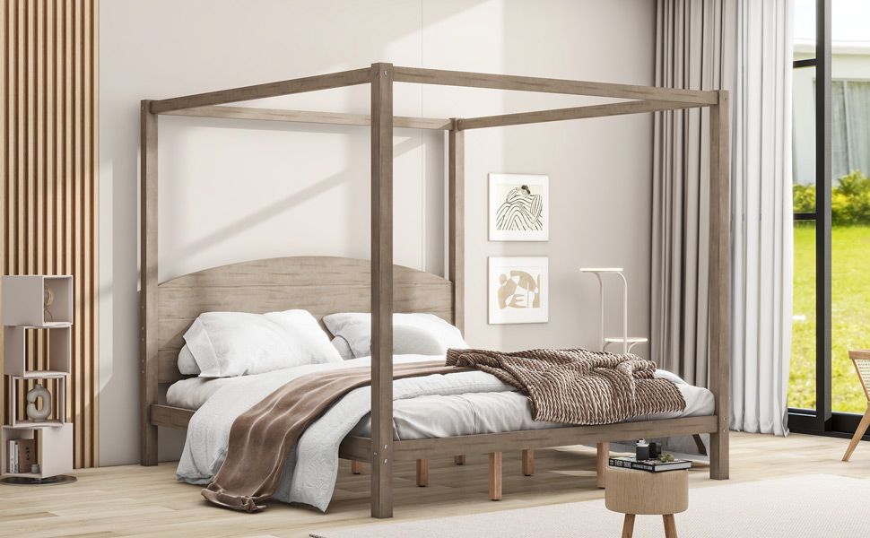 Buy farmhouse furniture King Size Canopy Platform Bed with Headboard and Support Legs, Brown Wash - Modern Cottage Farmhouse Furniture