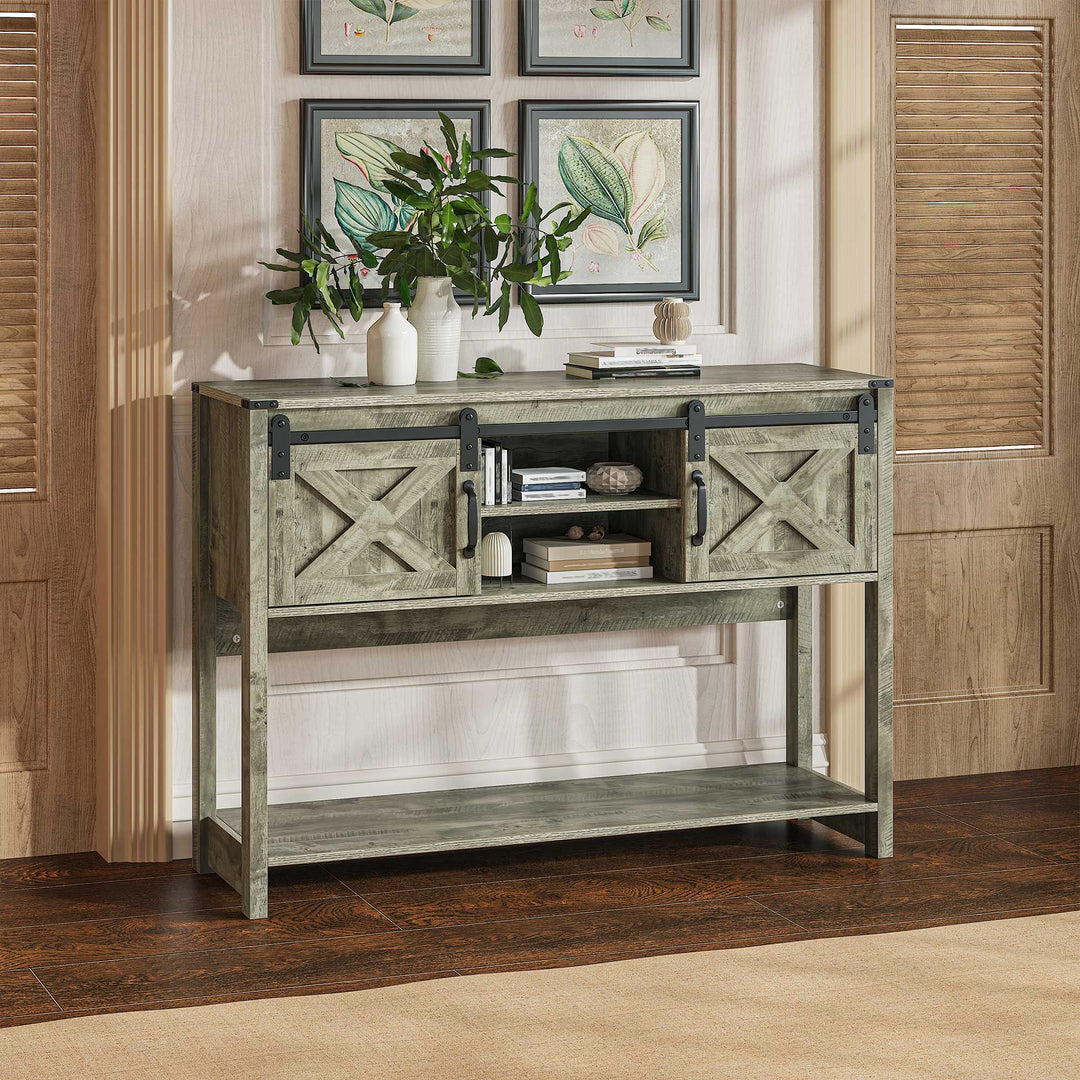 Buy farmhouse furniture Farmhouse Entryway Table with Drawers, 46" Console Table with Sliding Barn Door, Wood Rustic Sofa Table with Adjustable Shelf for Living Room, Foyer, Hallway, White and Rustic Oak - Modern Cottage Farmhouse Furniture