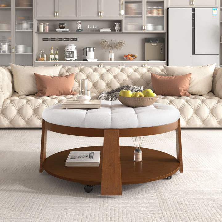 Buy farmhouse furniture Best Farmhouse Ottoman Coffee Table | Large Round 2-Tier Tufted Oversized Ottoman - Modern Cottage Farmhouse Furniture