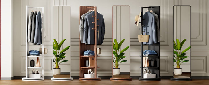 Buy farmhouse furniture Multifunctional Full Length Mirror with Coat Storage Rack - 360° Rotating Design for Bedroom and Closet in Beautiful White Finish - Modern Cottage Farmhouse Furniture