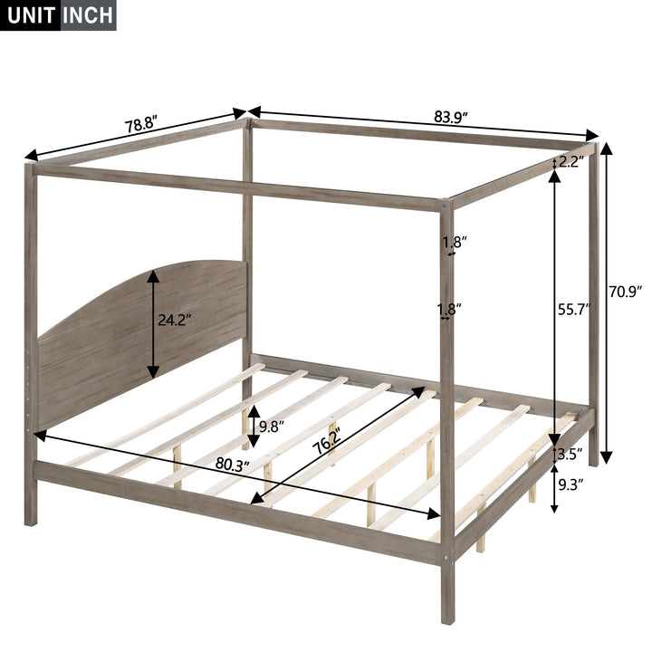Buy farmhouse furniture King Size Canopy Platform Bed with Headboard and Support Legs, Brown Wash - Modern Cottage Farmhouse Furniture
