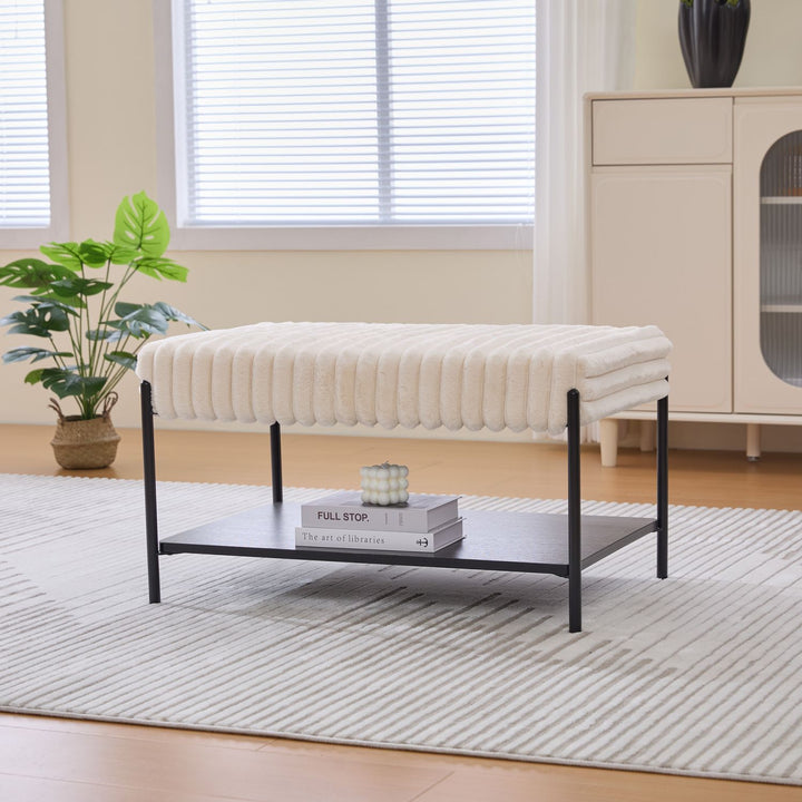 Buy farmhouse furniture Best Farmhouse Wide Upholstered Tufted Foot Rest with Black Metal Legs - Modern Cottage Farmhouse Furniture