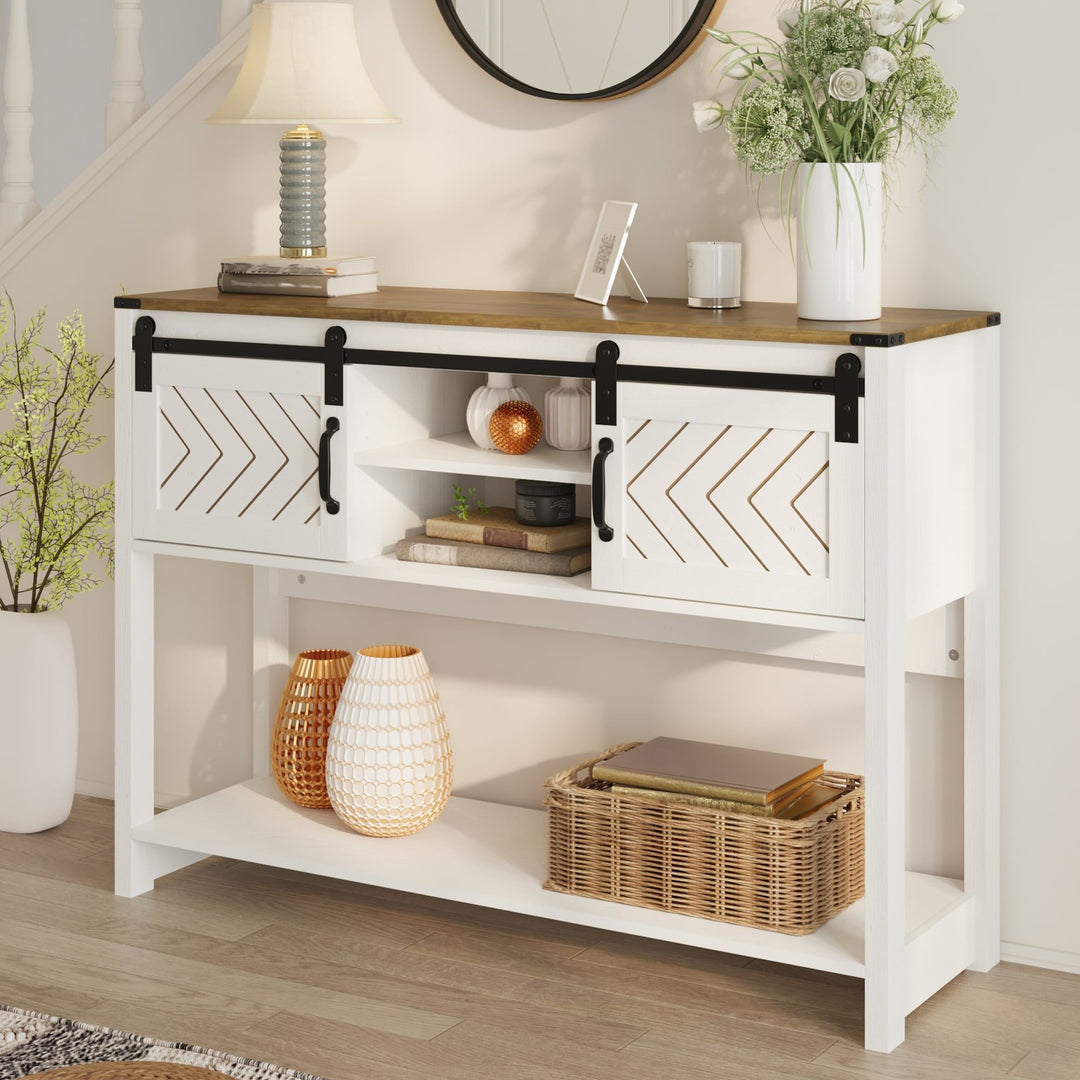 Buy farmhouse furniture Farmhouse Entryway Table with Drawers, 46" Console Table with Sliding Barn Door, Wood Rustic Sofa Table with Adjustable Shelf for Living Room, Foyer, Hallway, White and Rustic Oak - Modern Cottage Farmhouse Furniture