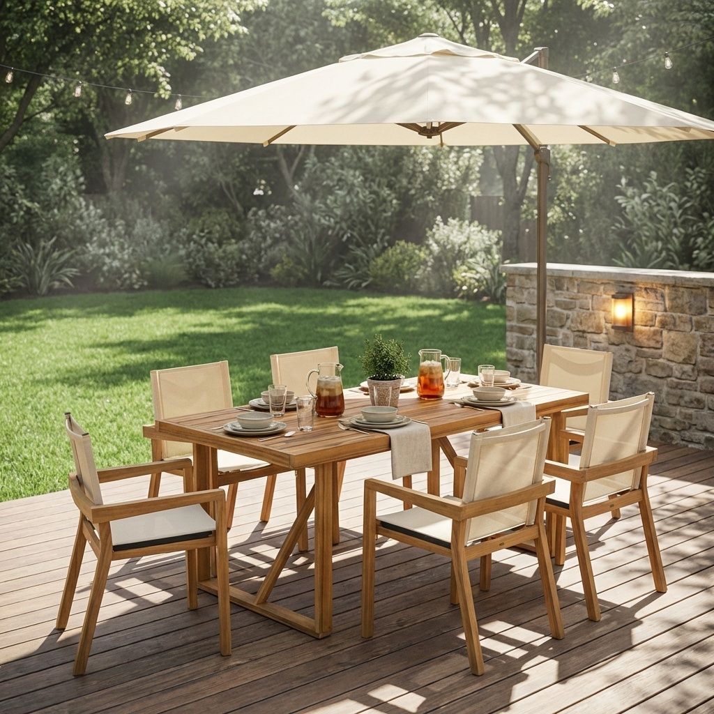 Buy farmhouse furniture Acacia Wood Outdoor Dining Set for 6 | Teak Finish Table &amp; Beige Mesh Chairs | 7-Piece Patio Set - Modern Cottage Farmhouse Furniture