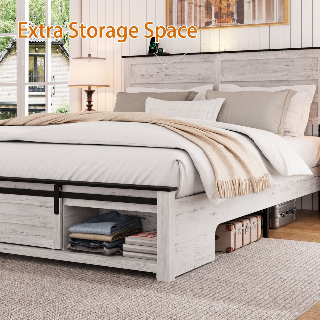 Buy farmhouse furniture Queen Bed Frame with Upholstered Headboard and Wood Platform,Storage Headboard with Charging Station and LED, Bed Frame with Pet Bed,No Noise, No Box Spring Needed,Easy Assembly,Antique White - Modern Cottage Farmhouse Furniture