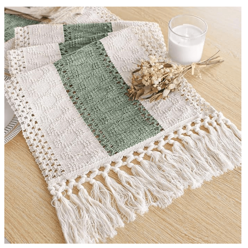 Buy farmhouse furniture Sage Green Farmhouse Table Runner 72 Inches Long with Tassels - Modern Cottage Farmhouse Furniture