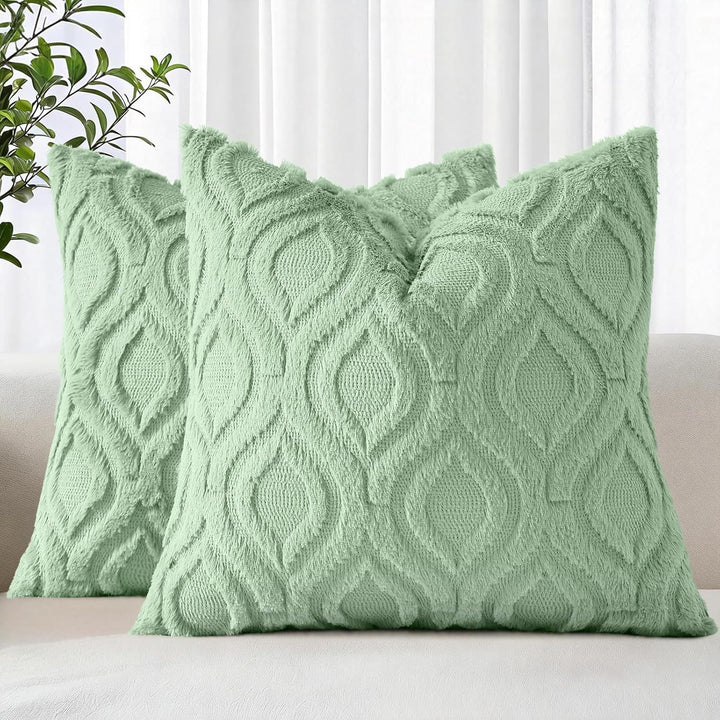 Buy farmhouse furniture Throw Pillow Covers 18x18 Inch Set of 2, Soft Plush Faux Wool Sage Green Solid Couch Pillow Covers, Accent Farmhouse Neutral Square Pillow Cases for Sofa Bed Living Room - Modern Cottage Farmhouse Furniture