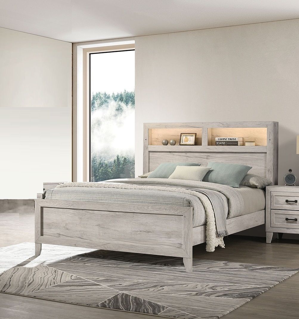 Buy farmhouse furniture 1pc King Size Farmhouse Bed w Headboard Shelves and Light White Wash Contemporary Furniture - Modern Cottage Farmhouse Furniture