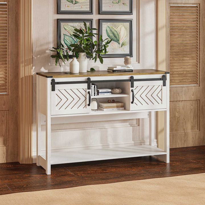 Buy farmhouse furniture Farmhouse Entryway Table with Drawers, 46" Console Table with Sliding Barn Door, Wood Rustic Sofa Table with Adjustable Shelf for Living Room, Foyer, Hallway, White and Rustic Oak - Modern Cottage Farmhouse Furniture
