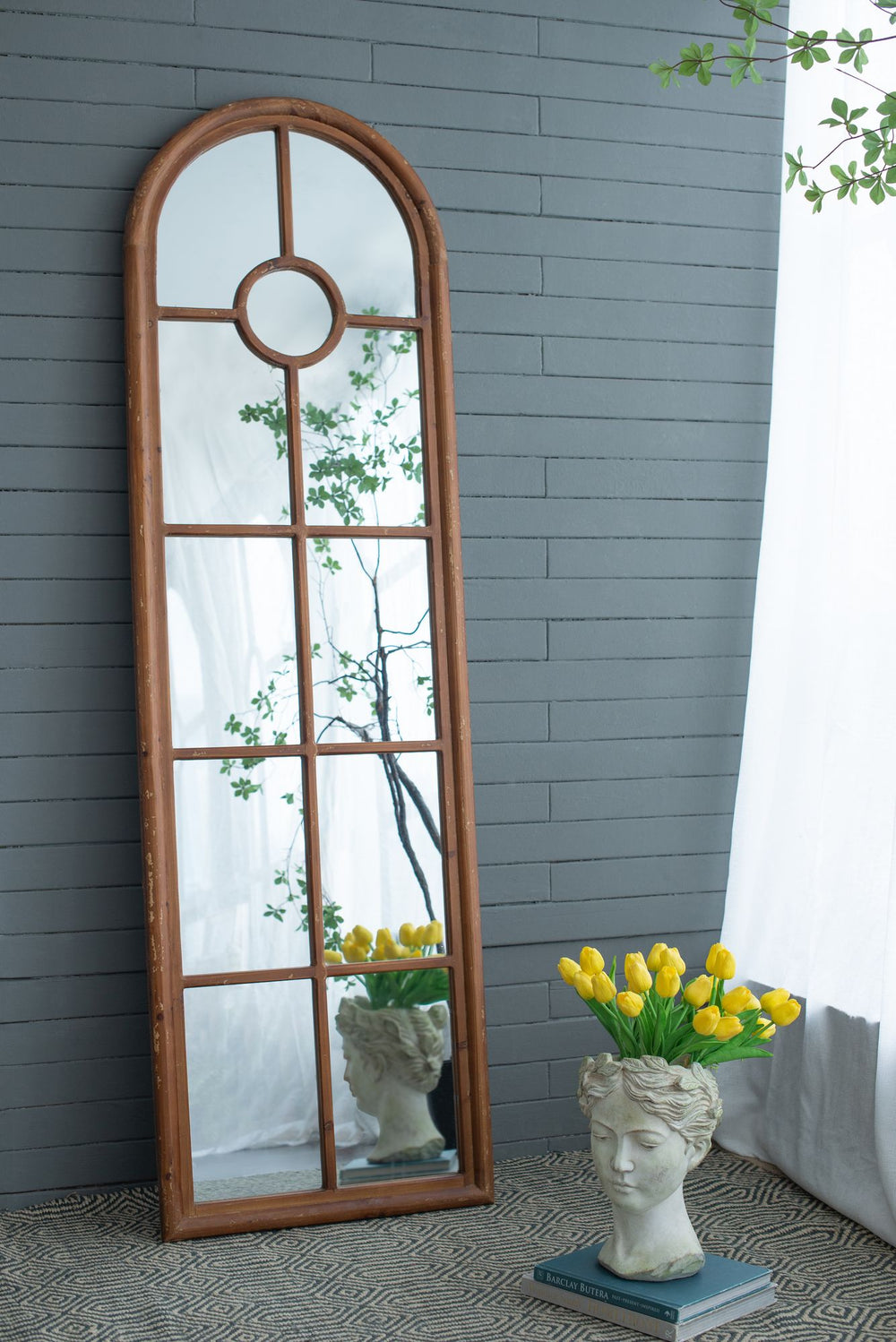 Buy farmhouse furniture Farmhouse Decorative Half-Round Elongated Mirror - Classic Window Design - Modern Cottage Farmhouse Furniture