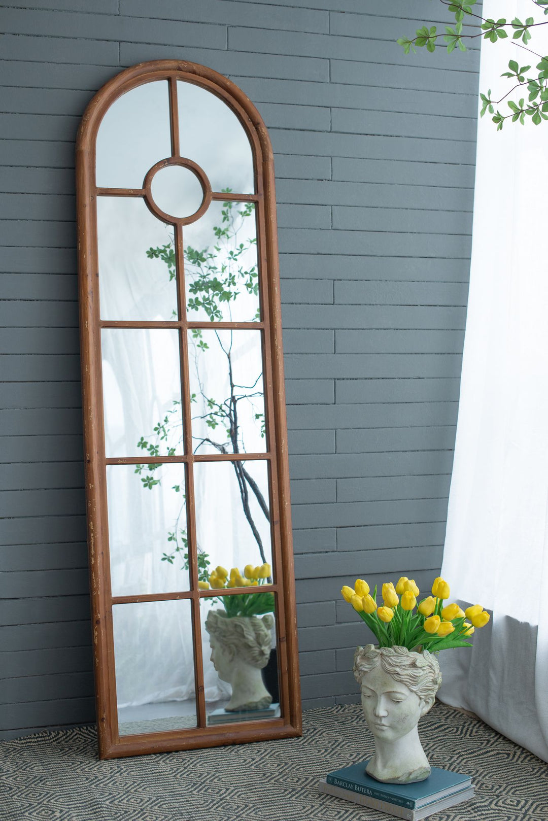 Buy farmhouse furniture Farmhouse Decorative Half-Round Elongated Mirror - Classic Window Design - Modern Cottage Farmhouse Furniture