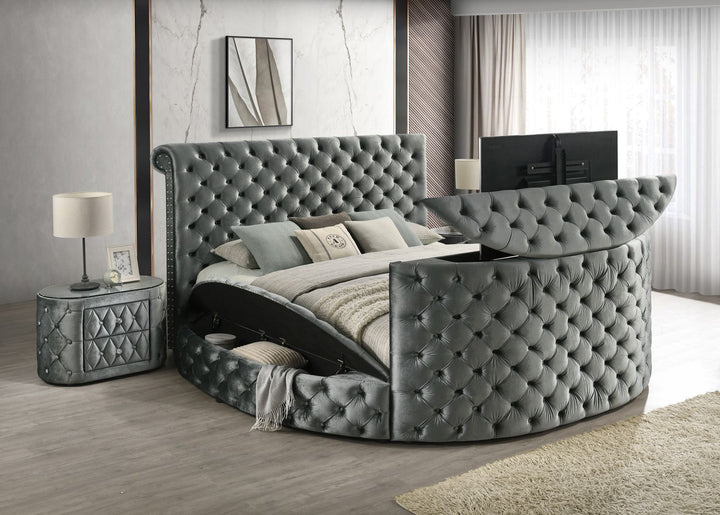 Buy farmhouse furniture 1pc Luxurious Circular King Size Bed Deeply Tufted Headboard Nail Head Trim Upholstered - Modern Cottage Farmhouse Furniture