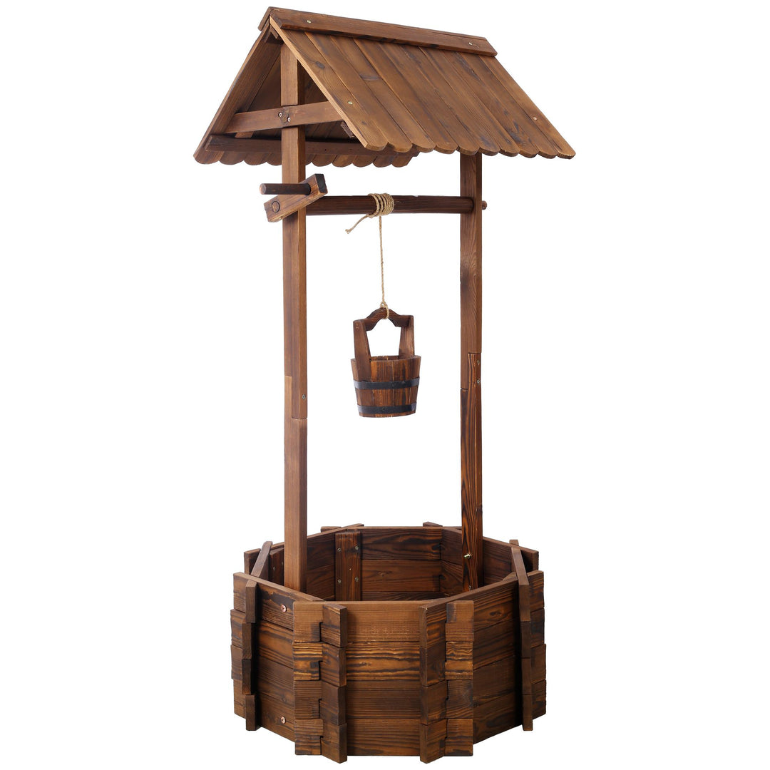 Buy farmhouse furniture Charming Rustic Wooden Wishing Well Planter for Outdoor Garden with Bucket Accent - Modern Cottage Farmhouse Furniture