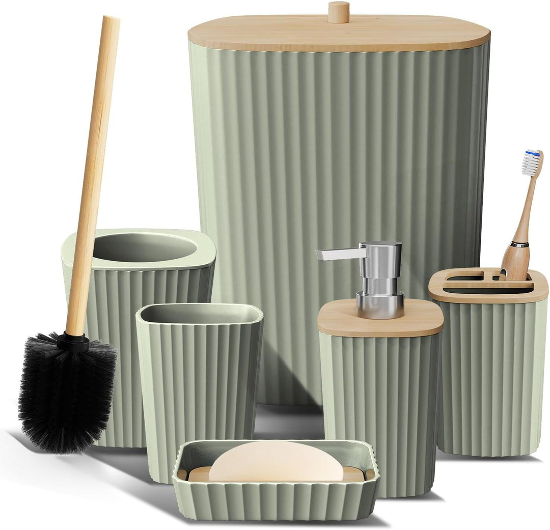 Buy farmhouse furniture Bathroom Set - Sage Green Bathroom Accessories Set, 6PC Bathroom Accessory Set, Bathroom Sets with Toilet Brush, Trash Can & Soap Dispenser - Modern Cottage Farmhouse Furniture