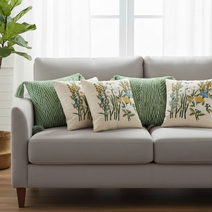 Buy farmhouse furniture 5PC 17.7 inches Green Decorative Pillowcase Set – Sage Chevron Tassel &amp; Botanical Garden Pillow Covers - Modern Cottage Farmhouse Furniture