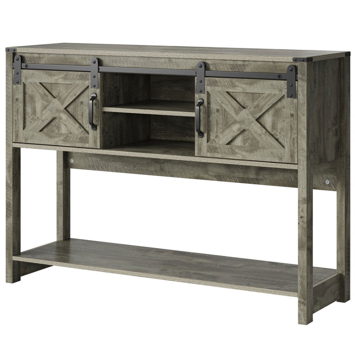 Buy farmhouse furniture Farmhouse Entryway Table with Drawers, 46" Console Table with Sliding Barn Door, Wood Rustic Sofa Table with Adjustable Shelf for Living Room, Foyer, Hallway, White and Rustic Oak - Modern Cottage Farmhouse Furniture