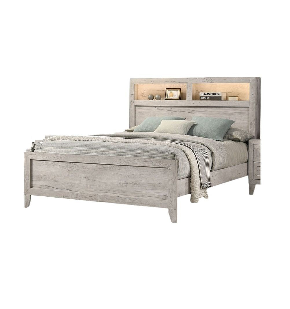 Buy farmhouse furniture 1pc King Size Farmhouse Bed w Headboard Shelves and Light White Wash Contemporary Furniture - Modern Cottage Farmhouse Furniture