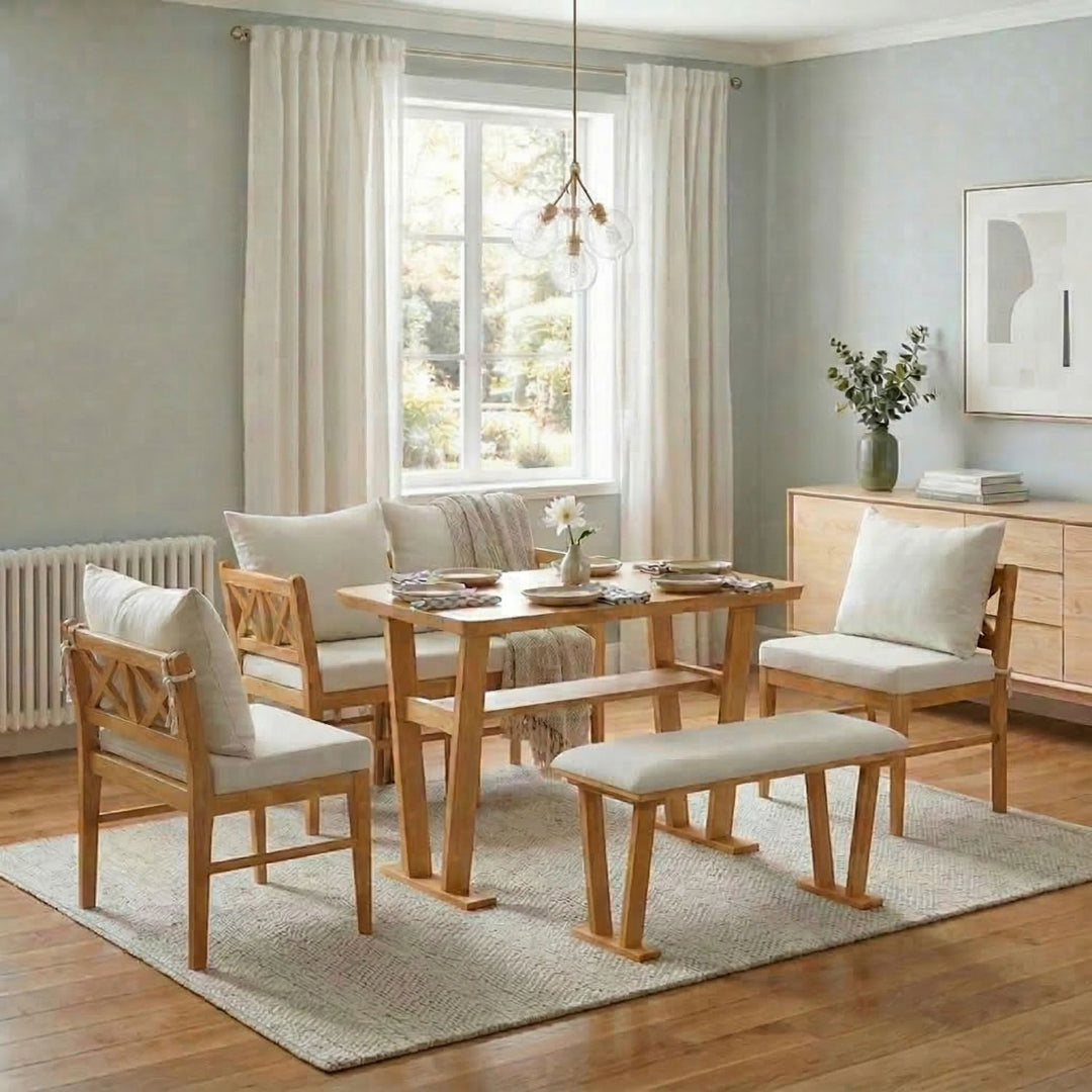 Buy farmhouse furniture Small Farmhouse Solid Wood Kitchen Nook Dining Room Breakfast Nook Table Set for 6, Space Saving High Top Corner Dining Table with Bench and Chairs (6 Piece) - Modern Cottage Farmhouse Furniture
