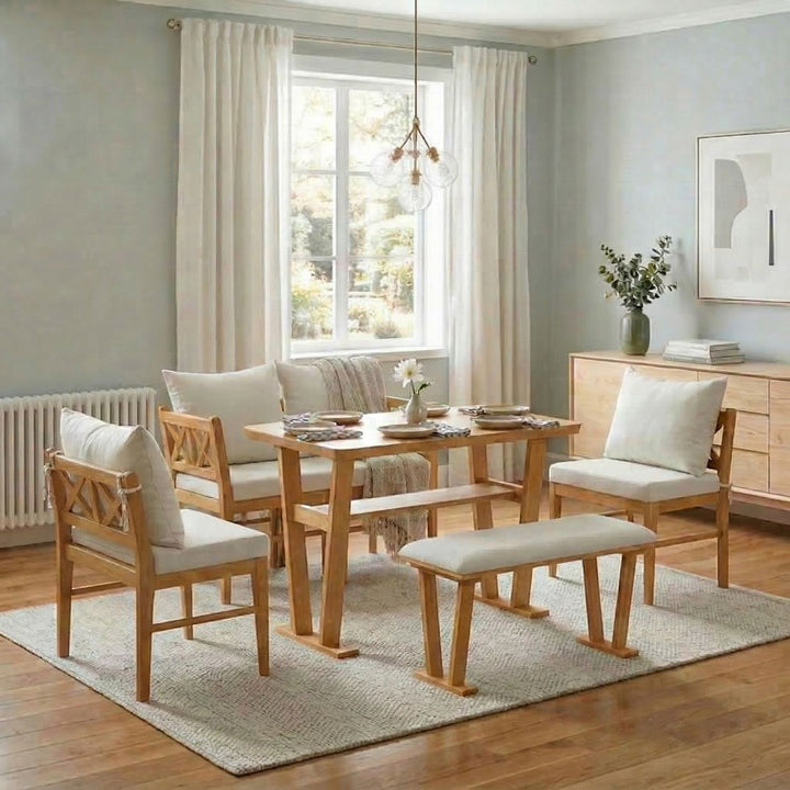 Buy farmhouse furniture Small Farmhouse Solid Wood Kitchen Nook Dining Room Breakfast Nook Table Set for 6, Space Saving High Top Corner Dining Table with Bench and Chairs (6 Piece) - Modern Cottage Farmhouse Furniture