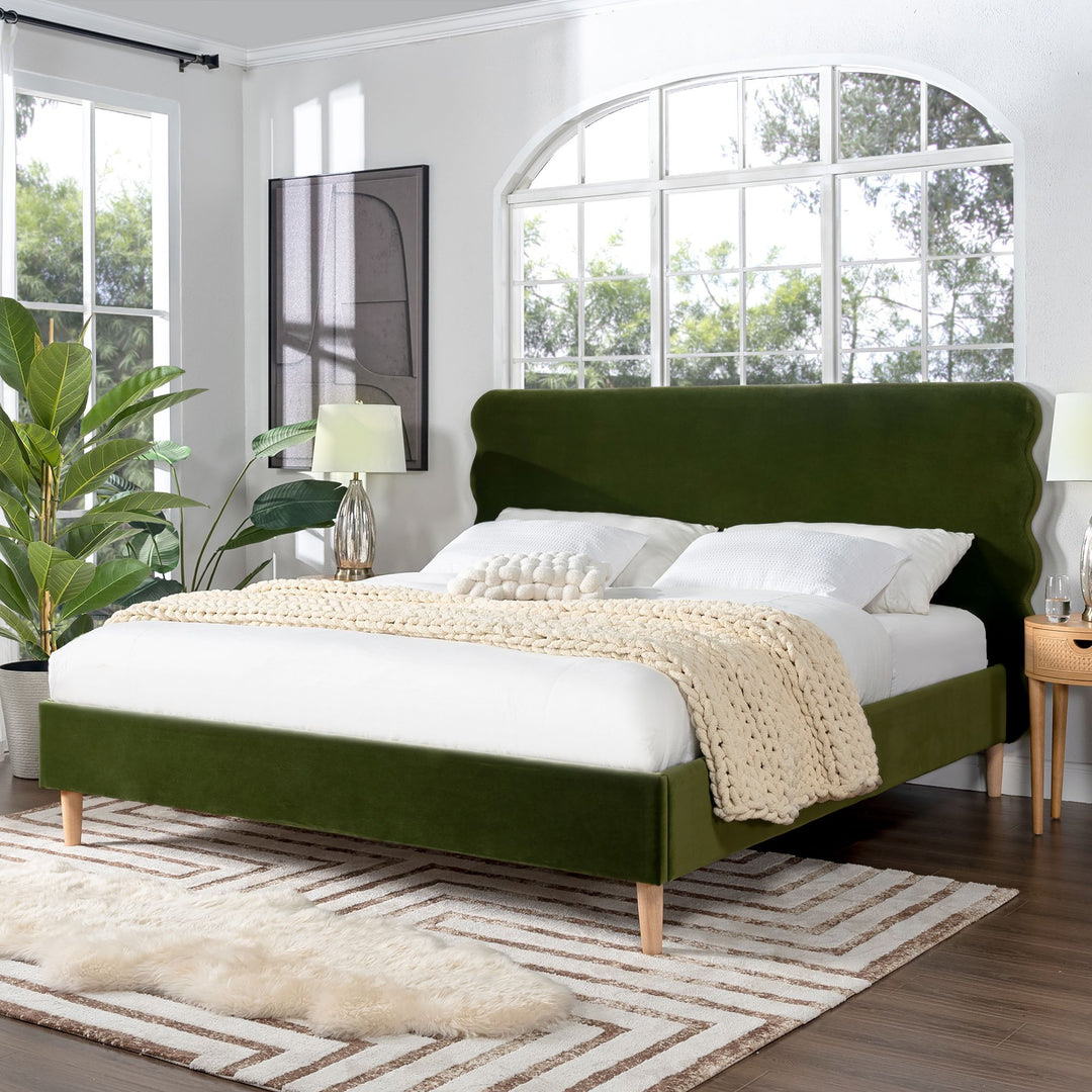Buy farmhouse furniture Stockholm Modern Wavy Headboard Platform Bed, King, Olive Green Performance Velvet - Modern Cottage Farmhouse Furniture