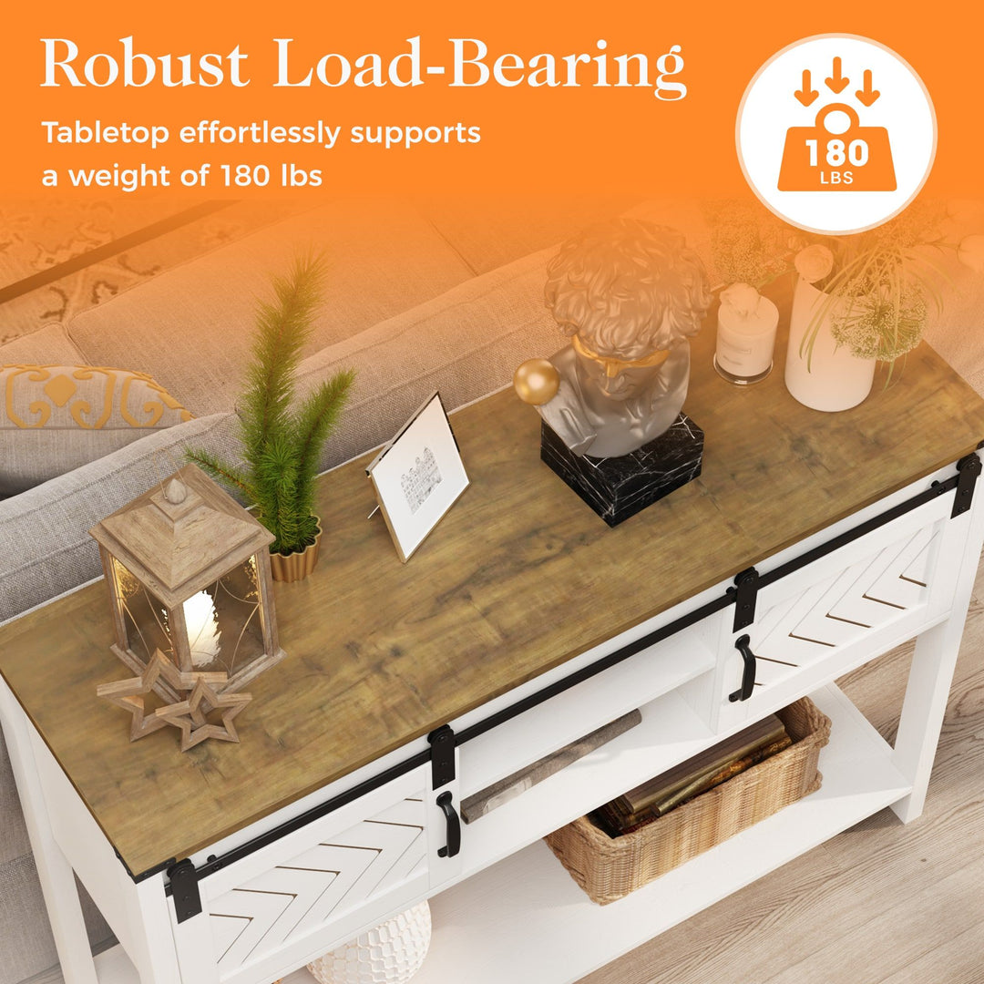 Buy farmhouse furniture Farmhouse Entryway Table with Drawers, 46" Console Table with Sliding Barn Door, Wood Rustic Sofa Table with Adjustable Shelf for Living Room, Foyer, Hallway, White and Rustic Oak - Modern Cottage Farmhouse Furniture