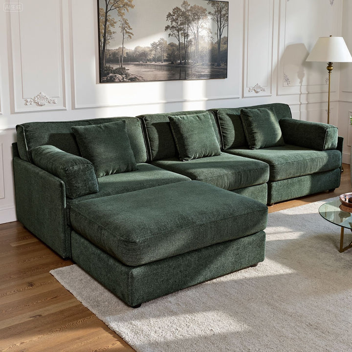 Buy farmhouse furniture Olea Farm | Oversized Green L-Shape 4 Seater Modular Farmhouse Sofa Couch - Modern Cottage Farmhouse Furniture