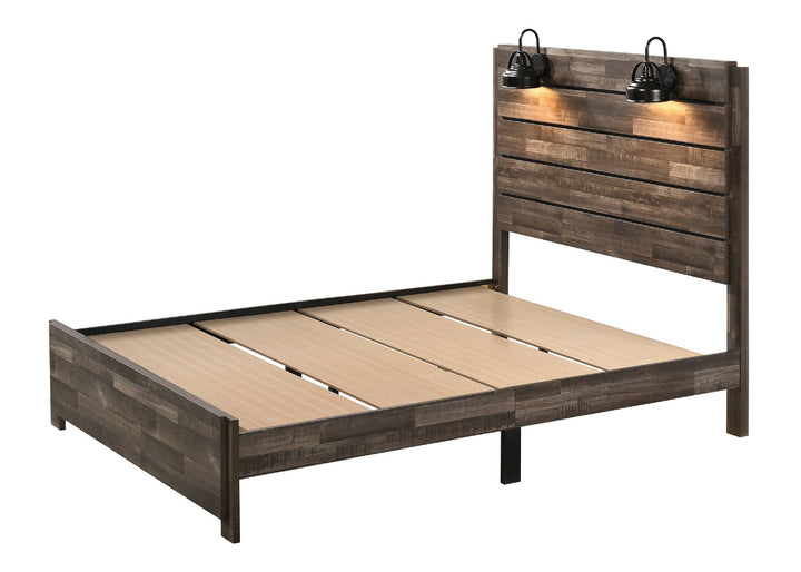 Buy farmhouse furniture Rustic Butcher Block King Bed Frame with Lamp | Weathered Brown - Modern Cottage Farmhouse Furniture