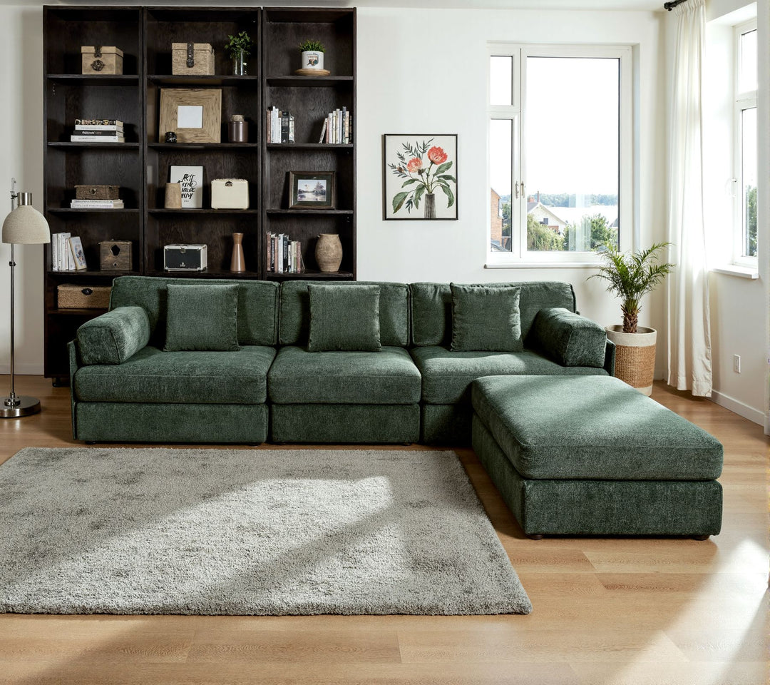 Buy farmhouse furniture Olea Farm | Oversized Green L-Shape 4 Seater Modular Farmhouse Sofa Couch - Modern Cottage Farmhouse Furniture