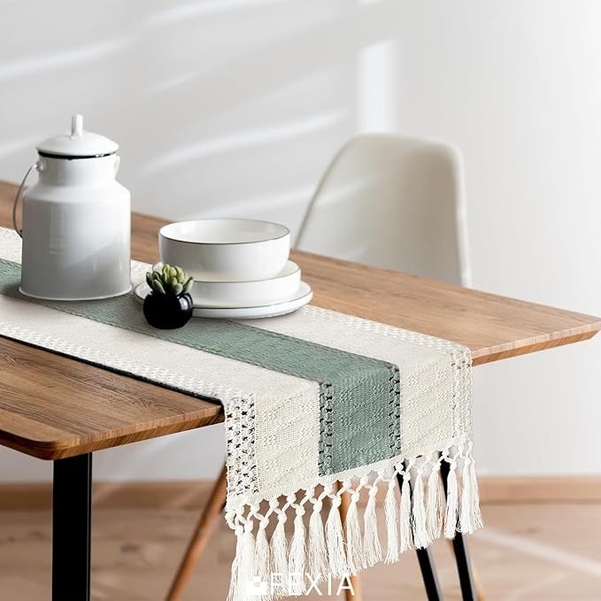 Buy farmhouse furniture Sage Green Farmhouse Table Runner 72 Inches Long with Tassels - Modern Cottage Farmhouse Furniture