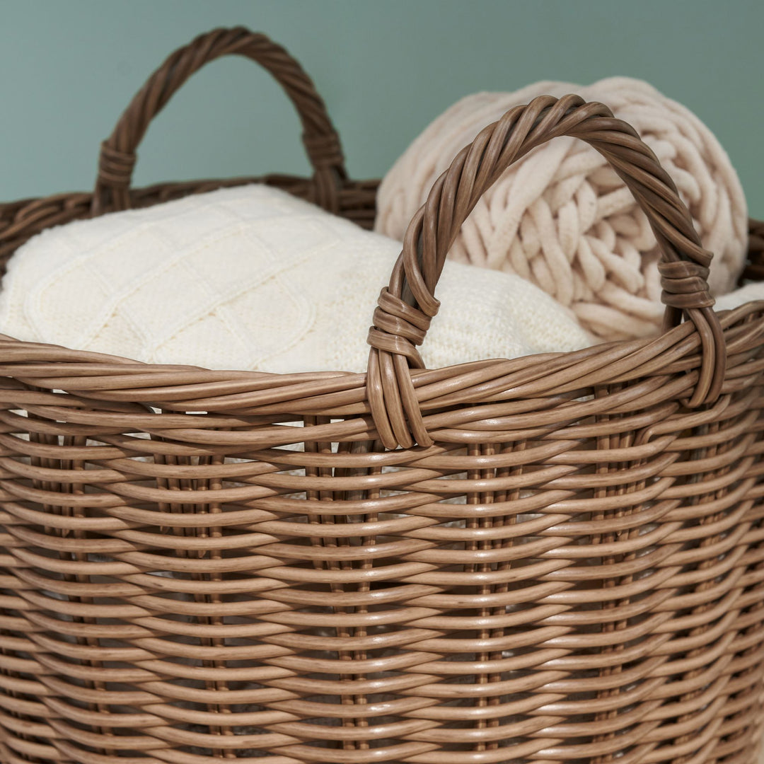 Buy farmhouse furniture Elegant Resin Wicker Storage Basket - Chocolate Brown Round Cone Design - Ideal for Organizing Clothes, Towels, and Magazines in a 16" x 16" x 14.5" Size - Modern Cottage Farmhouse Furniture