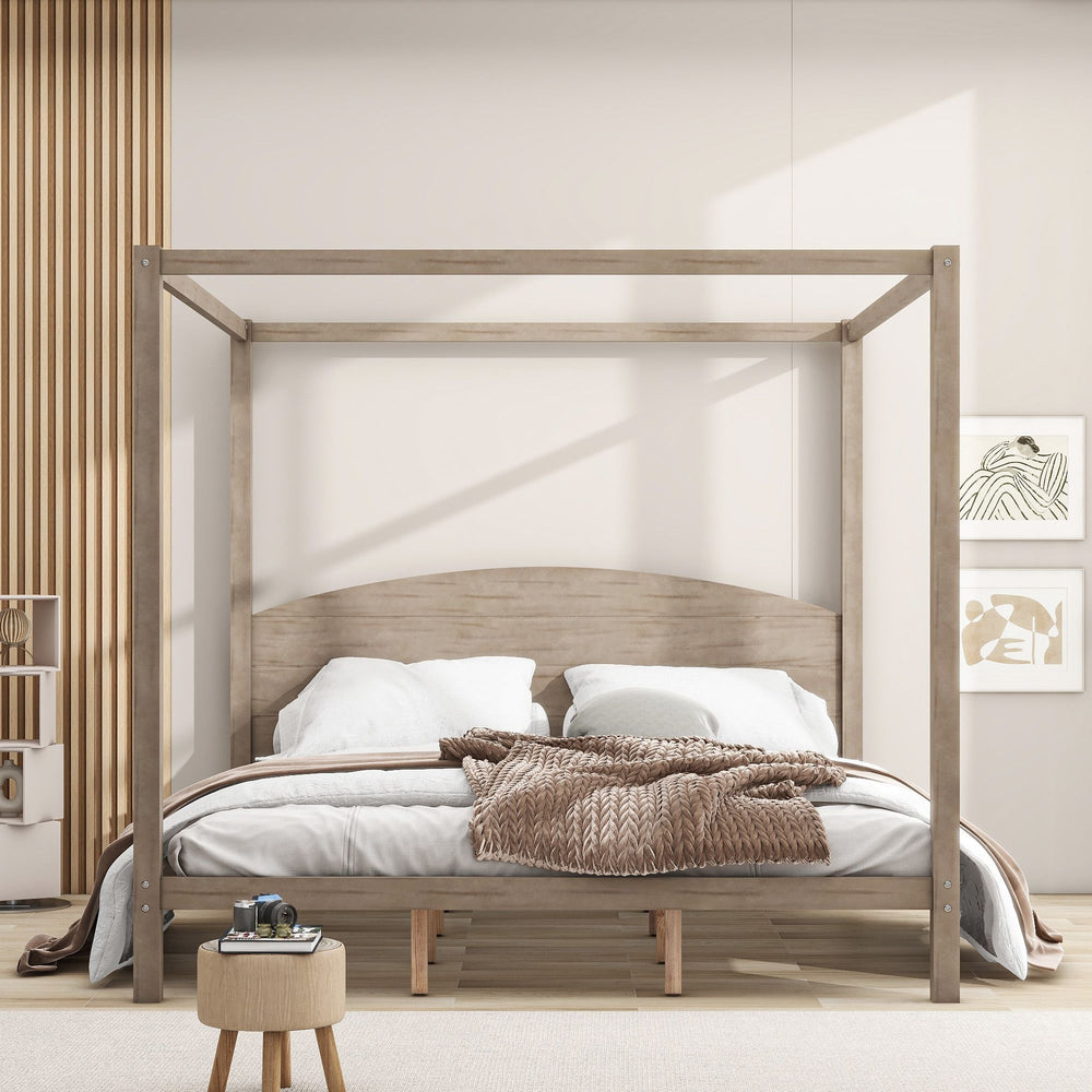 Buy farmhouse furniture King Size Canopy Platform Bed with Headboard and Support Legs, Brown Wash - Modern Cottage Farmhouse Furniture