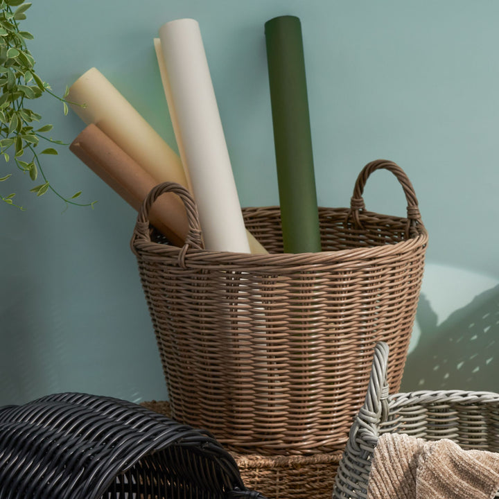 Buy farmhouse furniture Elegant Resin Wicker Storage Basket - Chocolate Brown Round Cone Design - Ideal for Organizing Clothes, Towels, and Magazines in a 16" x 16" x 14.5" Size - Modern Cottage Farmhouse Furniture