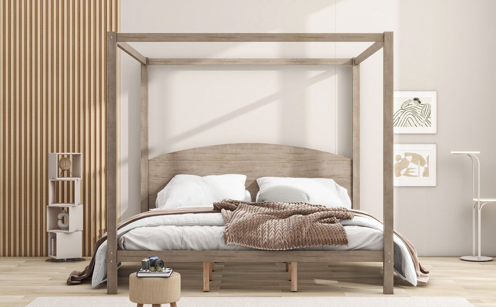 Buy farmhouse furniture King Size Canopy Platform Bed with Headboard and Support Legs, Brown Wash - Modern Cottage Farmhouse Furniture