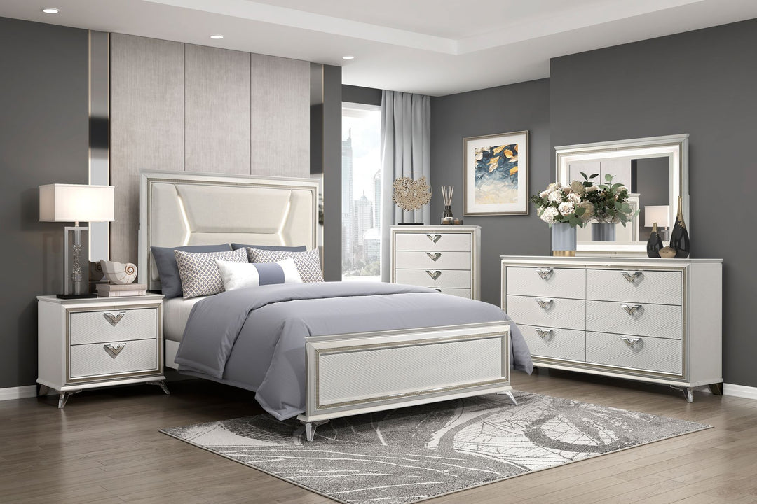 Buy farmhouse furniture 1pc Modern Luxury Queen Bed Upholstered Headboard with LED Lighting Wooden Bedroom Furniture Antique White Finish and Gold - Modern Cottage Farmhouse Furniture