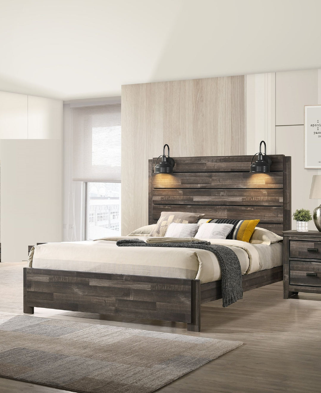 Buy farmhouse furniture Rustic Butcher Block King Bed Frame with Lamp | Weathered Brown - Modern Cottage Farmhouse Furniture