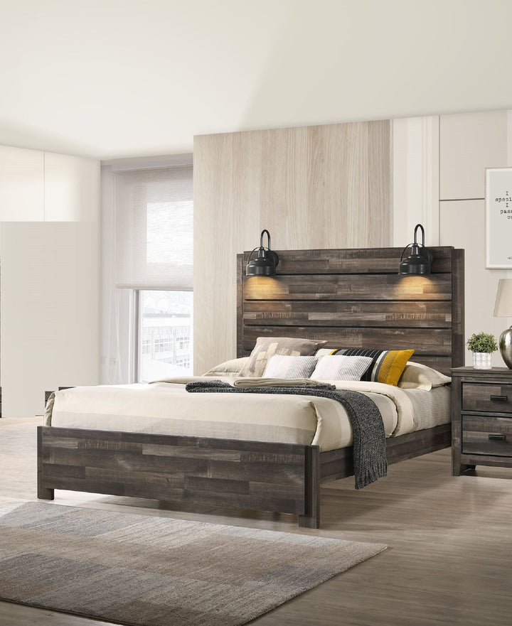 Buy farmhouse furniture Rustic Butcher Block King Bed Frame with Lamp | Weathered Brown - Modern Cottage Farmhouse Furniture