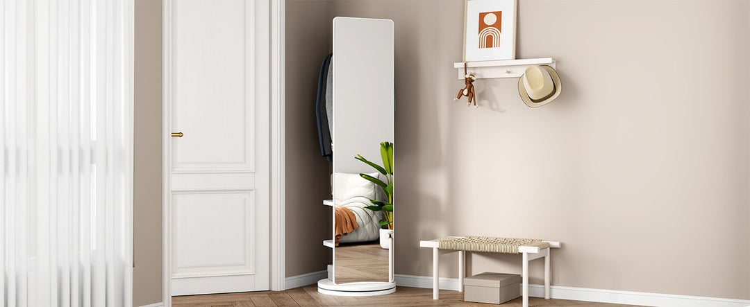 Buy farmhouse furniture Multifunctional Full Length Mirror with Coat Storage Rack - 360° Rotating Design for Bedroom and Closet in Beautiful White Finish - Modern Cottage Farmhouse Furniture