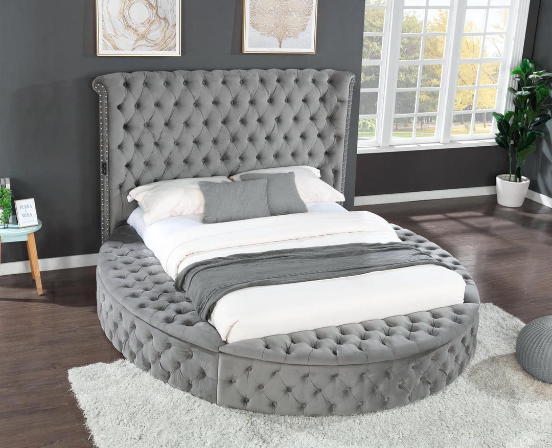 Buy farmhouse furniture Hazel Queen Size Tufted Storage Bed made with Wood in Gray - Modern Cottage Farmhouse Furniture