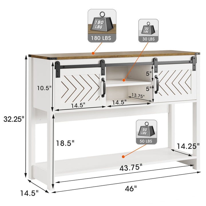 Buy farmhouse furniture Farmhouse Entryway Table with Drawers, 46" Console Table with Sliding Barn Door, Wood Rustic Sofa Table with Adjustable Shelf for Living Room, Foyer, Hallway, White and Rustic Oak - Modern Cottage Farmhouse Furniture