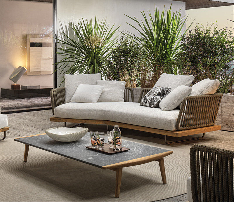 Buy farmhouse furniture Aegean Sea Teak &amp; Rattan Outdoor Sofa | Mediterranean Coastal Indoor Outdoor Lounge - Modern Cottage Farmhouse Furniture
