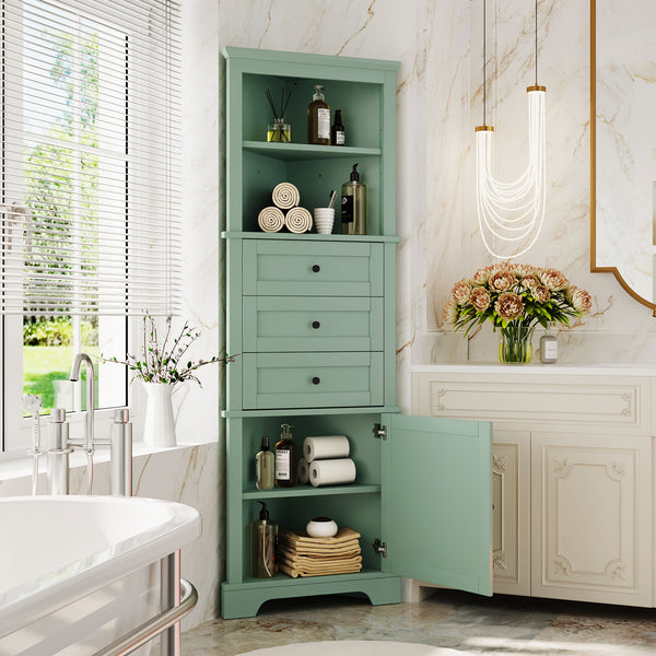 Buy farmhouse furniture Sage Green FarmhouseTall Cabinet With 3 Drawers And Adjustable Shelves For Bathroom, Kitchen Or Living Room - Modern Cottage Farmhouse Furniture