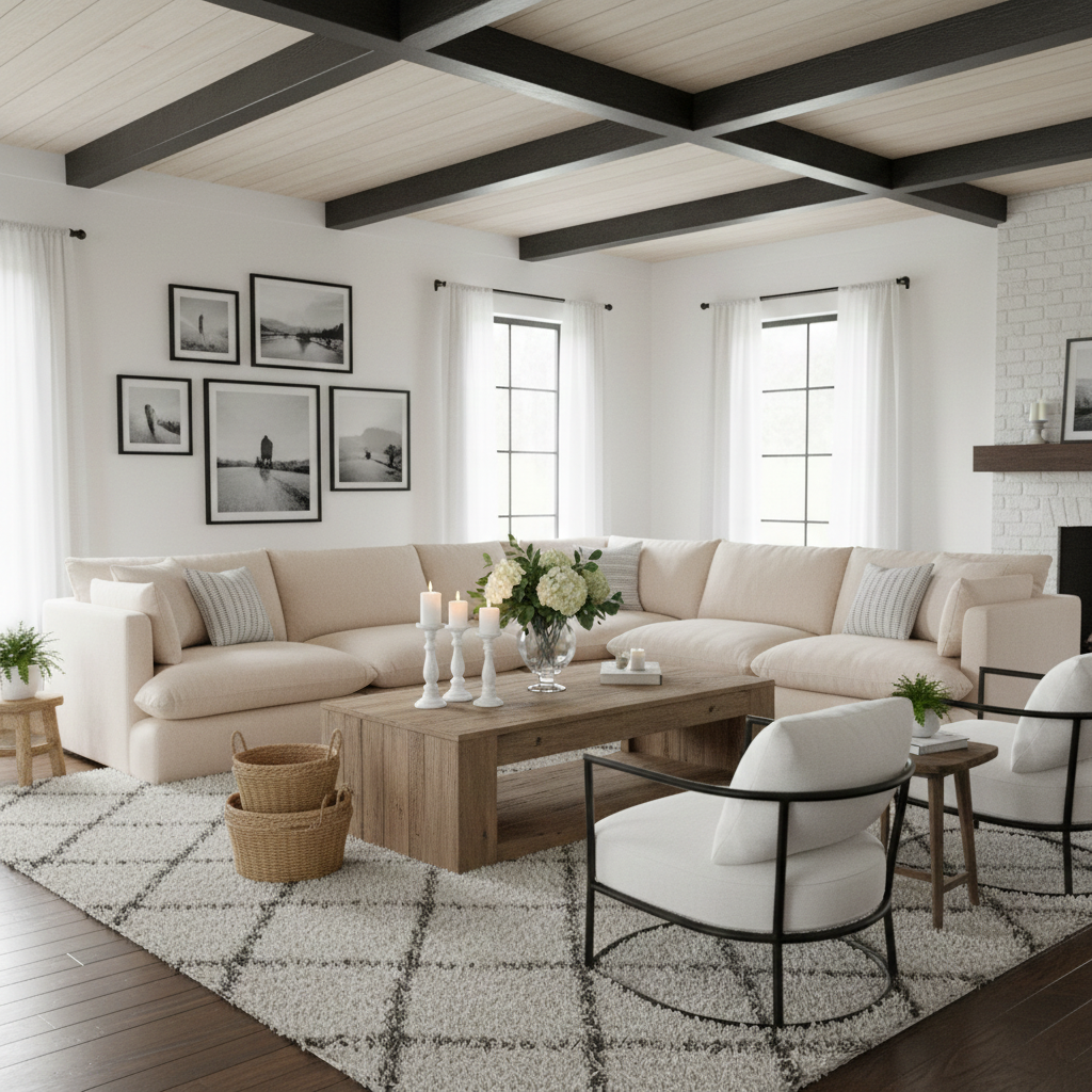 Buy farmhouse furniture Cream Linen Modern Farmhouse Sectional Sofa Couch | Charlie - Modern Cottage Farmhouse Furniture