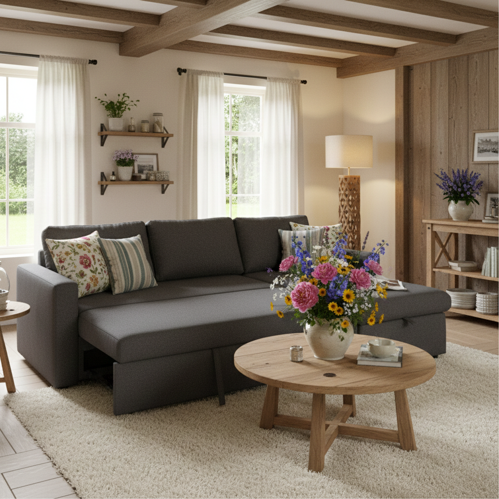 Buy farmhouse furniture Le Céleste | Upholstery Sleeper Sectional Sofa Grey with Storage Space, 2 Tossing Cushions - Modern Cottage Farmhouse Furniture