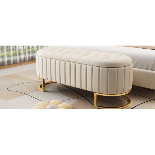 Buy farmhouse furniture The Marbella Mediterranean Farmhouse Button-Tufted Velvet Storage Ottoman Bench – Beige Upholstered Bench Seat with Metal Legs - Modern Cottage Farmhouse Furniture