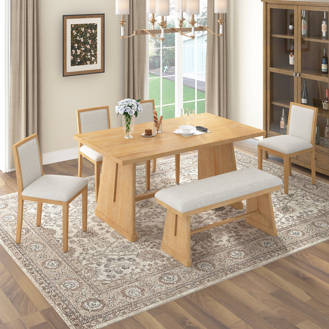 Buy farmhouse furniture Amy Farmhouse Dining Set for 6 | Wire-Brushed Wood Table, 4 Linen Chairs &amp; Bench - Modern Cottage Farmhouse Furniture