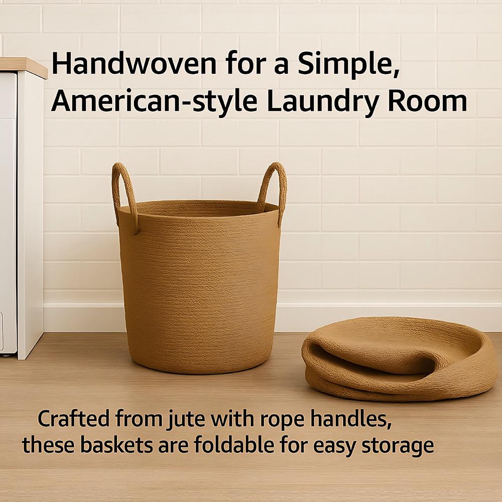 Buy farmhouse furniture Mediterranean Farmhouse Woven Natural Jute Laundry Basket with Handle - Custom Made - Modern Cottage Farmhouse Furniture