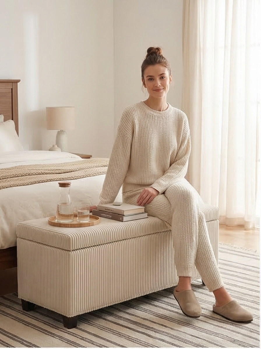 Buy farmhouse furniture Beige Mediterranean Modern Large Bed Ottoman With Storage - Modern Cottage Farmhouse Furniture